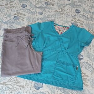 Koi Teal and Gray Scrub Set